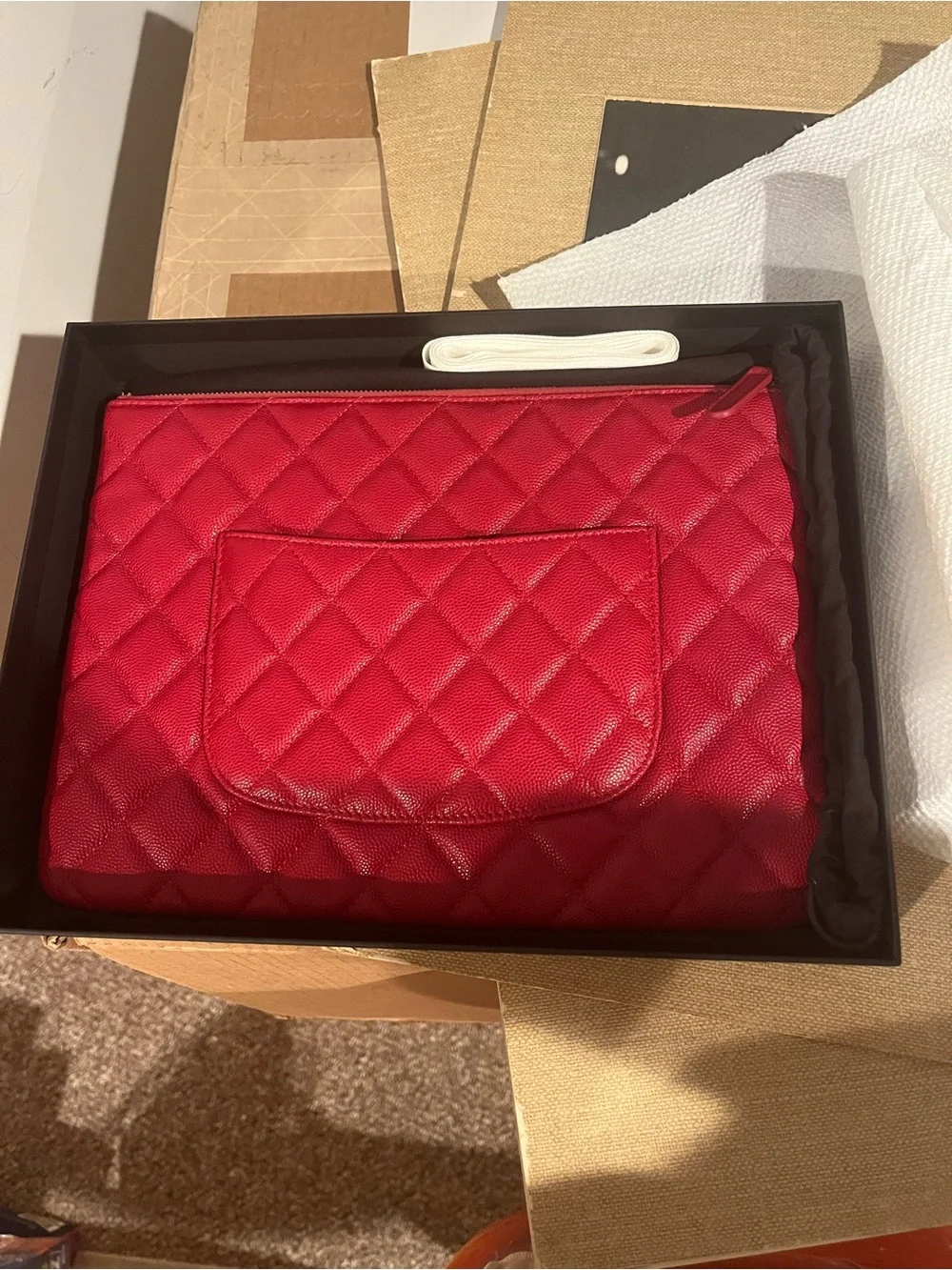 CHANEL Red Quilted Leather Zip Pouch with Silver CC